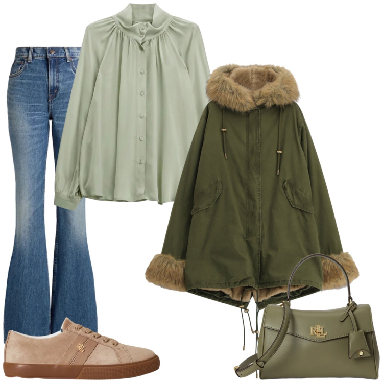 Outfit donna - Total look #2491387. Stile Casual chic per Tutti i giorni. Abbinamento con camicie, parka, sneakers, jeans, borse a mano.