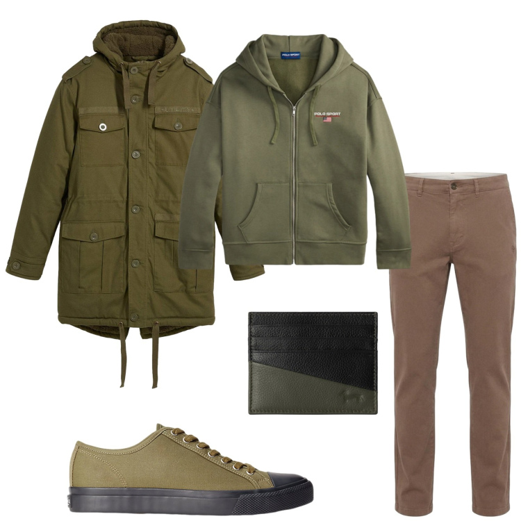 Outfit uomo - Total look #2491390. Stile Casual per Tutti i giorni. Abbinamento con parka, portafogli, pantaloni, sneakers, felpe con cappuccio.