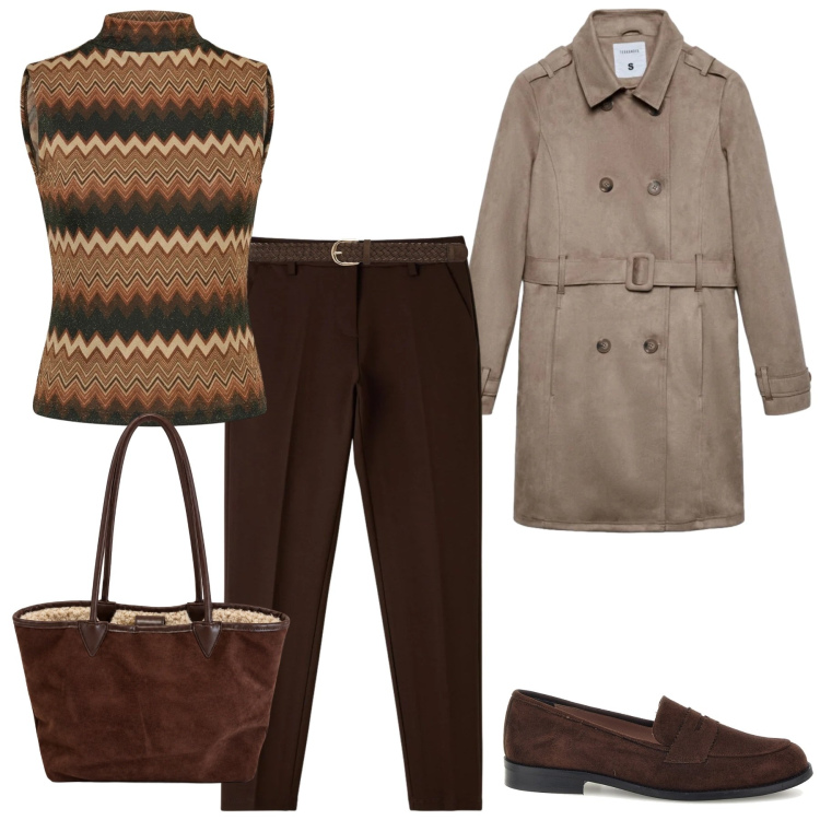 Outfit donna - Total look #2491392. Stile Casual chic per Tutti i giorni. Abbinamento con top, shopping bag, pantaloni chino, cinture, trench, mocassini.