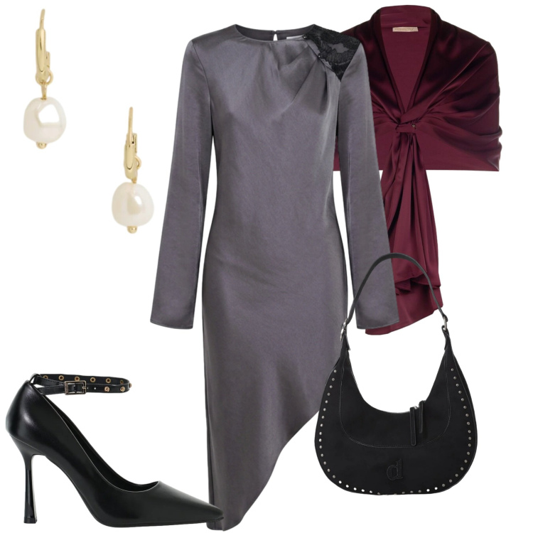 Outfit donna - Abito asimmetrico. Stile Chic per Cerimonia. Abbinamento con décolleté, borse a spalla, stole, vestiti asimmetrici, orecchini.