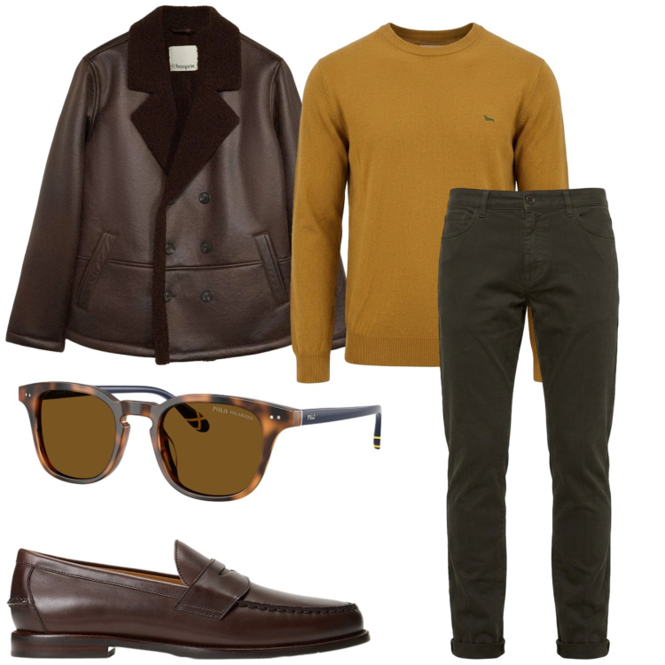 Outfit uomo - Total look #2491396. Stile Casual per Tutti i giorni. Abbinamento con giacche, maglieria, pantaloni, scarpe stringate, occhiali da sole.