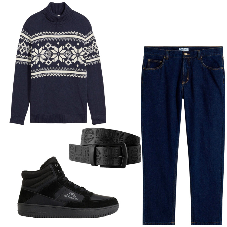 Outfit uomo - Total look #2491398. Stile Casual per Tutti i giorni. Abbinamento con jeans dritti, cinture, sneakers alte, maglieria.