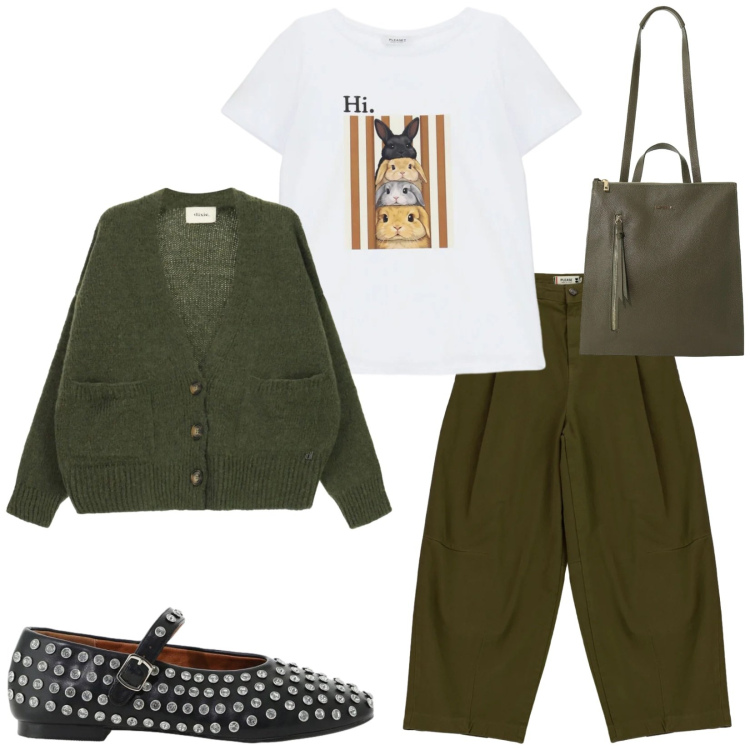 Outfit donna - Total look #2491405. Stile Casual per Tutti i giorni. Abbinamento con borse a tracolla, t-shirt, pantaloni, ballerine, cardigans.