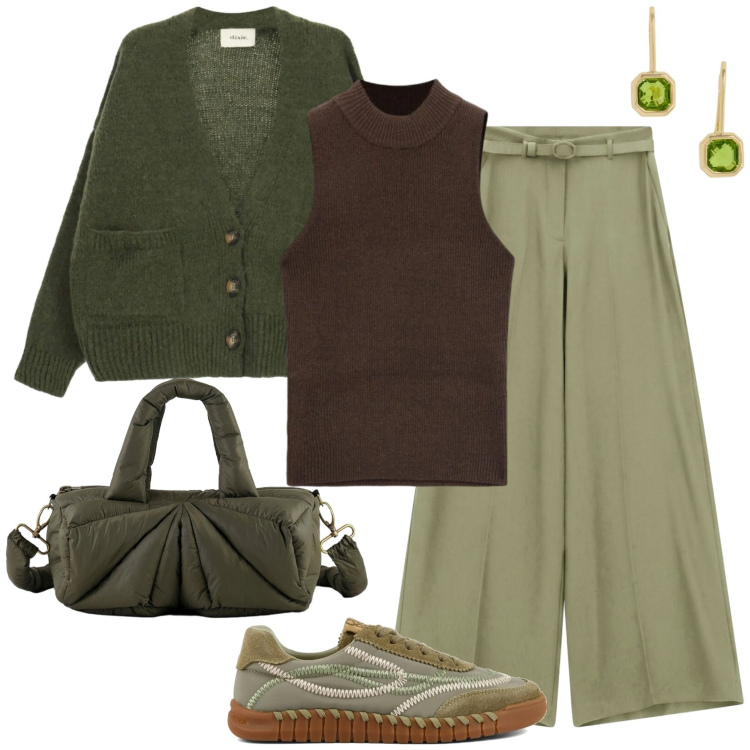 Outfit donna - Total green. Stile Casual chic per Tutti i giorni. Abbinamento con pantaloni a palazzo, orecchini, top, cardigans, borse a mano, sneakers.