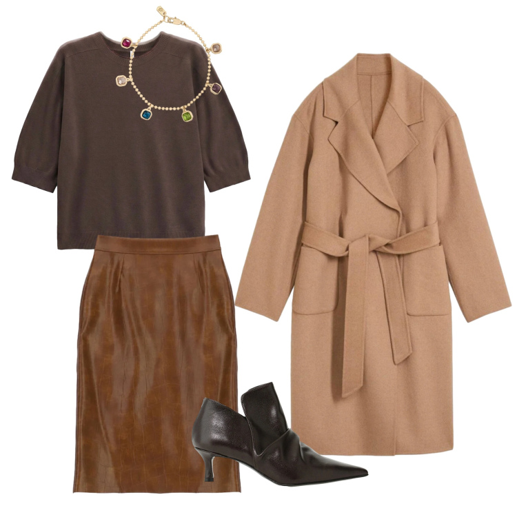 Outfit donna - Moka mood. Stile Chic per Tutti i giorni. Abbinamento con stivaletti, maglieria, braccialetti, gonne longuette, cappotti.