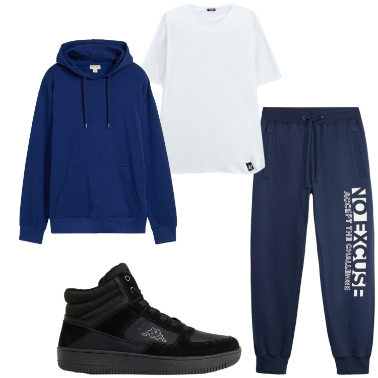 Outfit uomo - Total look #2491411. Stile Casual per Sport. Abbinamento con sneakers alte, felpe con cappuccio, pantaloni, t-shirt.