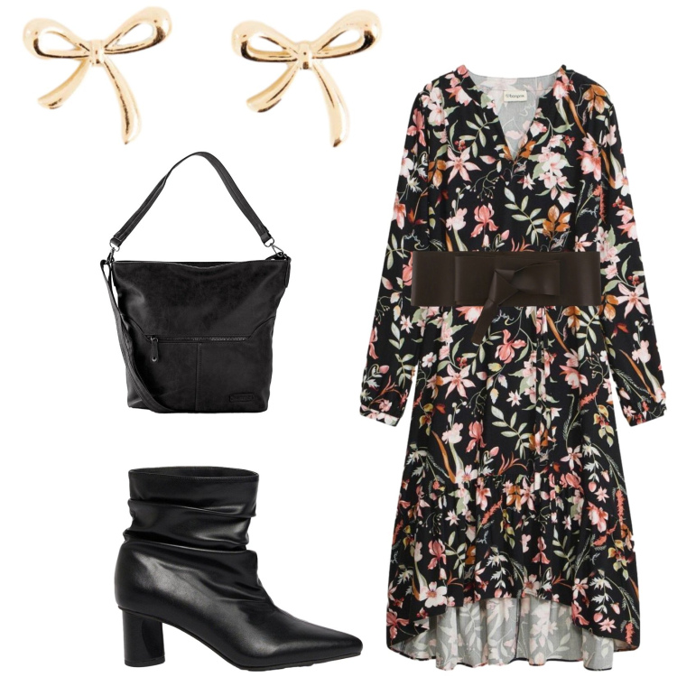 Outfit donna - Total look #2491412. Stile Chic per Serata fuori. Abbinamento con cinture, vestiti midi/longuette, orecchini, borse a tracolla, stivaletti.