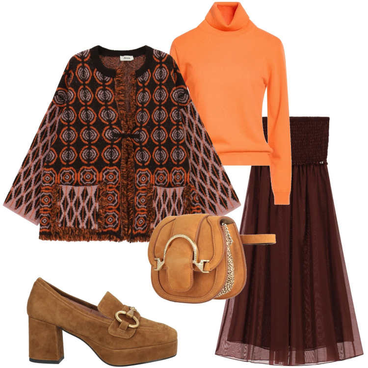 Outfit donna - Contrasti. Stile Glamour per Serata fuori. Abbinamento con gonne lunghe, cardigans, marsupi, maglieria, mocassini.