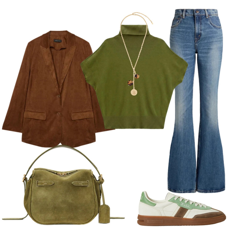 Outfit donna - Total look #2491415. Stile Glamour per Scuola/Università. Abbinamento con t-shirt, blazer, borse a mano, sneakers, jeans, collane.