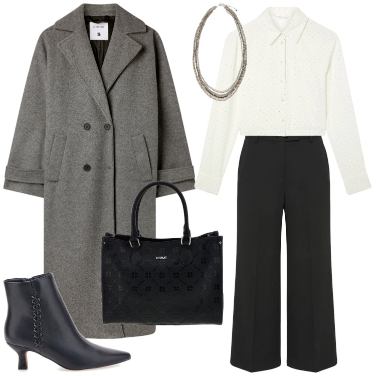 Outfit donna - Mid Season. Stile Chic per Ufficio. Abbinamento con collane, cappotti, pantaloni, camicie, borse a tracolla, stivaletti.