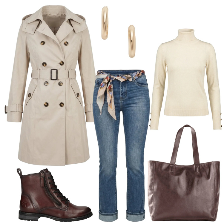 Outfit donna - Total look #2491422. Stile Casual per Tutti i giorni. Abbinamento con orecchini, jeans a zampa, pullovers, trench, stivaletti, shopping bag.