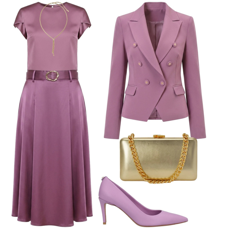 Outfit donna - Total look #2491426. Stile Chic per Cerimonia. Abbinamento con décolleté, t-shirt, blazer, gonne longuette, clutch, collane.