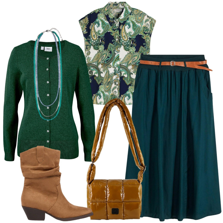 Outfit donna - Smeraldo. Stile Casual chic per Tutti i giorni. Abbinamento con gonne lunghe, cardigans, camicie, stivaletti texani, collane, borse a spalla.