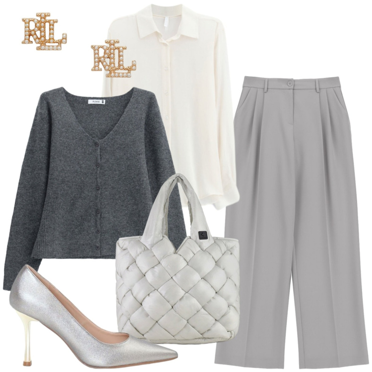 Outfit donna - Chic. Stile Chic per Ufficio. Abbinamento con pantaloni a palazzo, camicie, cardigans, décolleté, orecchini, borse tote.