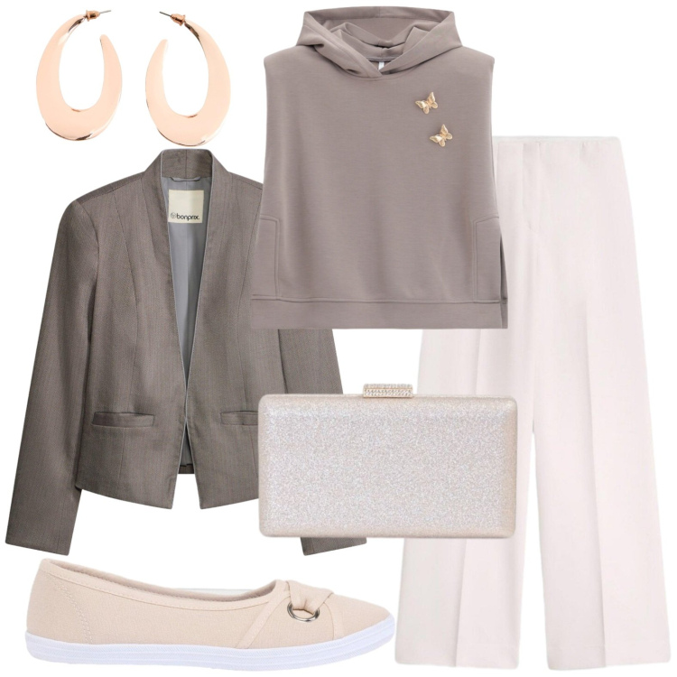 Outfit donna - Basic. Stile Minimal per Tutti i giorni. Abbinamento con pantaloni, ballerine, orecchini, blazer, felpe con cappuccio, clutch.