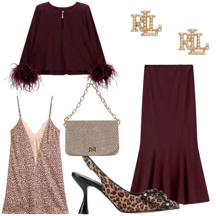 Outfit donna - Dettagli animalier. Stile Chic per Serata fuori. Abbinamento con décolleté, sottovesti, gonne lunghe, bluse, borse a spalla, orecchini.