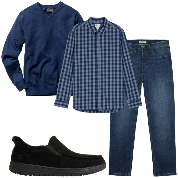 Outfit uomo - Total look #2491434. Stile Trendy per Serata speciale. Abbinamento con maglieria, camicie, jeans dritti, sneakers.
