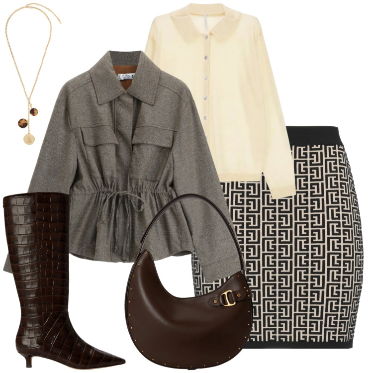 Outfit donna - Ufficio. Stile Casual chic per Ufficio. Abbinamento con minigonne, cardigans, cappotti, collane, borse a spalla, stivali.