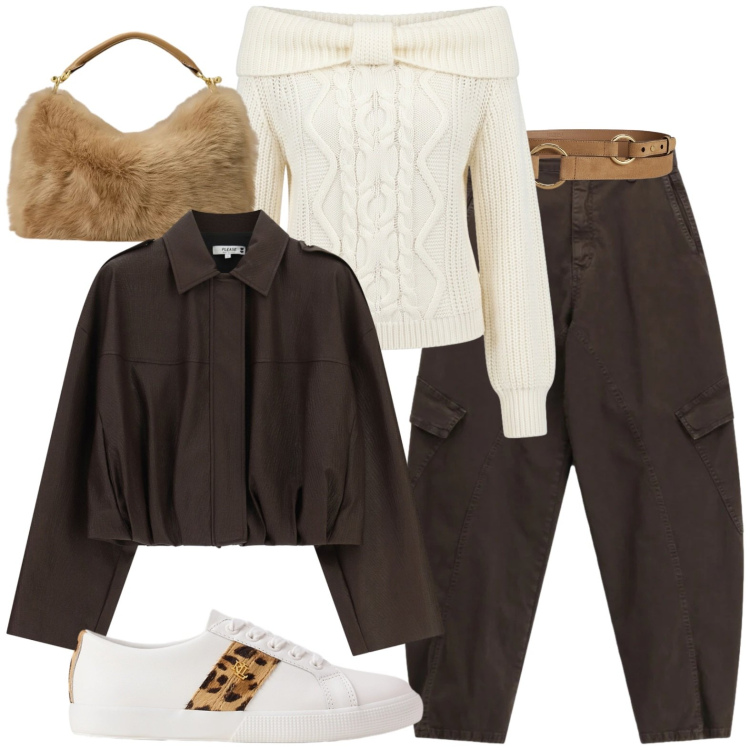 Outfit donna - Marrone cioccolato. Stile Casual per Tutti i giorni. Abbinamento con sneakers, borse a mano, cinture, pantaloni cargo, bomber, maglieria.