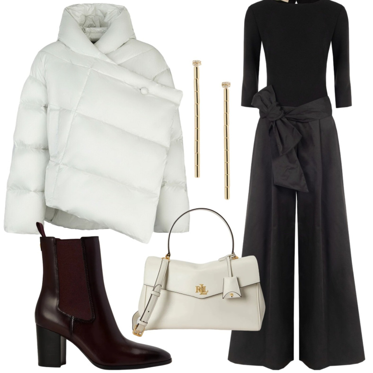 Outfit donna - Stagione fredda. Stile Casual chic per Serata fuori. Abbinamento con borse a mano, orecchini, stivaletti, piumini, tute.