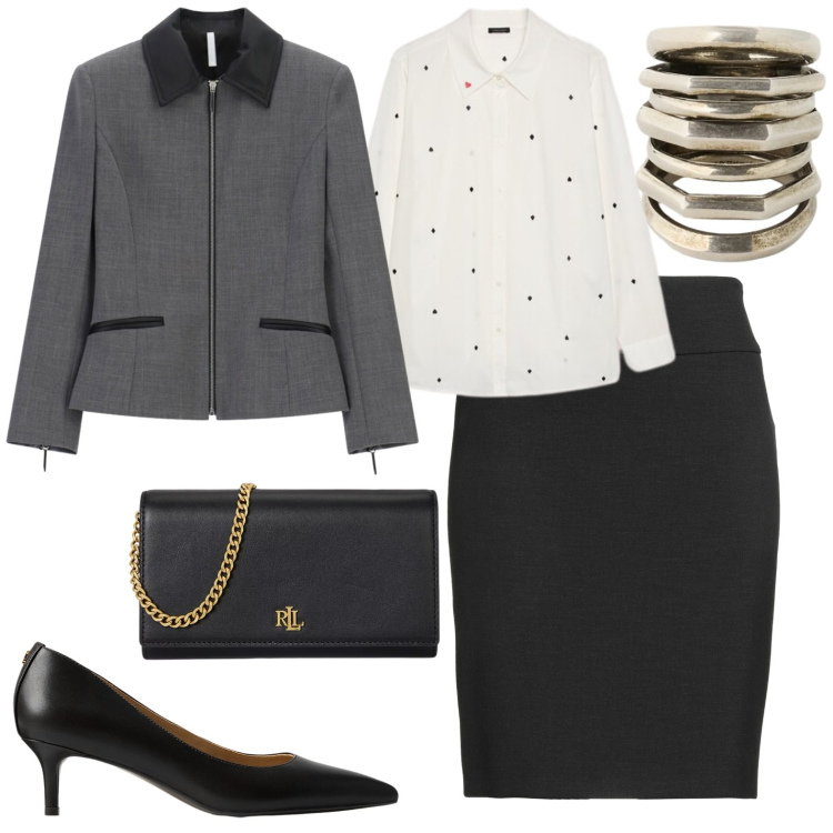 Outfit donna - Chic da ufficio. Stile Chic per Ufficio. Abbinamento con cappotti, camicie, décolleté, anelli, borse a tracolla, minigonne.