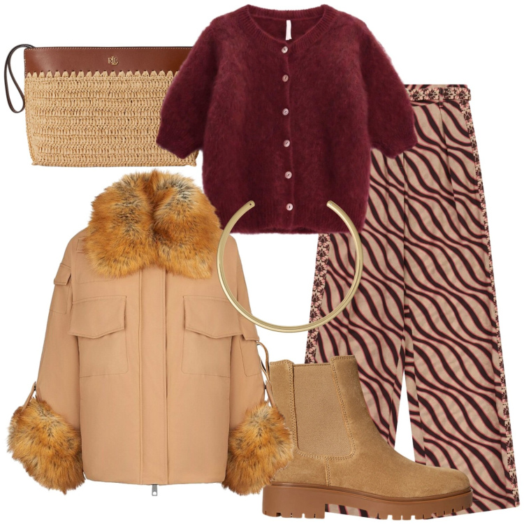 Outfit donna - Total look #2491439. Stile Casual chic per Tutti i giorni. Abbinamento con cardigans, pantaloni a palazzo, stivaletti, collane, pochette, piumini.