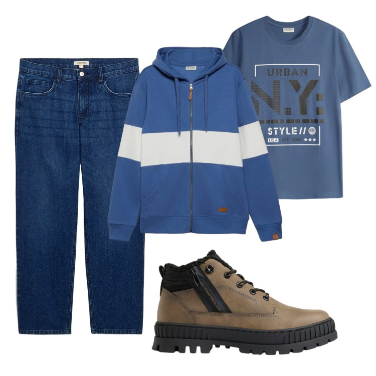 Outfit uomo - Total look #2491442. Stile Casual per Tutti i giorni. Abbinamento con jeans dritti, felpe con cappuccio, t-shirt, stivali e stivaletti.