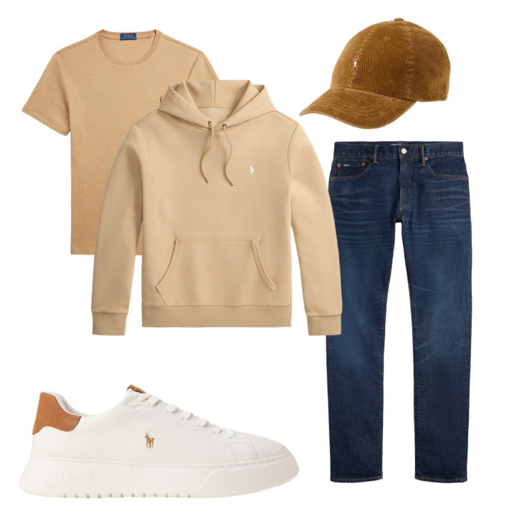 Outfit uomo - Total look #2491447. Stile Casual per Tutti i giorni. Abbinamento con t-shirt, jeans, sneakers, felpe con cappuccio, cappelli con visiera.