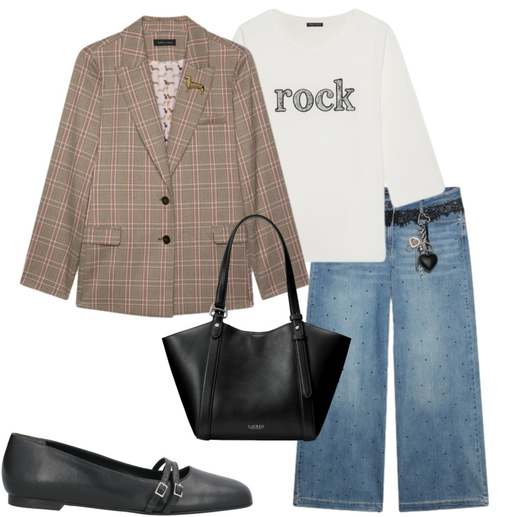 Outfit donna - Urban autunnale. Stile Casual chic per Ufficio. Abbinamento con jeans, t-shirt, blazer, borse tote, ballerine.