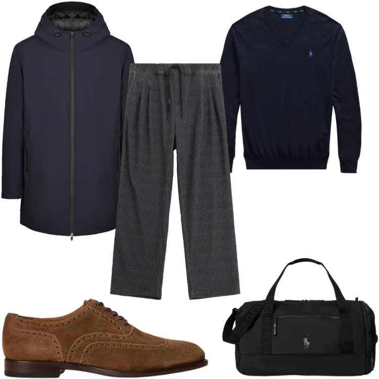Outfit uomo - Total look #2491458. Stile Casual per Tutti i giorni. Abbinamento con pantaloni, maglieria, borse sportive, scarpe stringate, giacche.