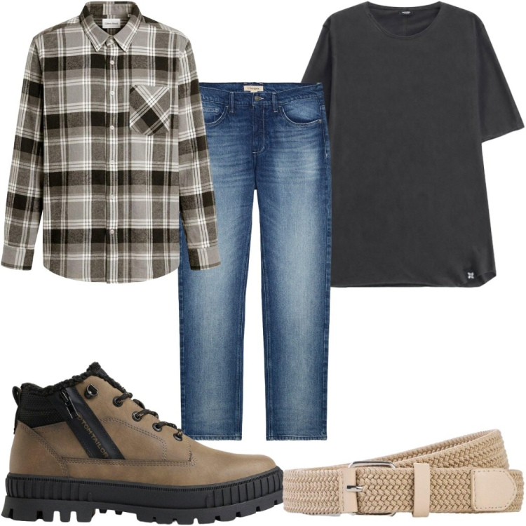 Outfit uomo - Total look #2491462. Stile Casual per Tutti i giorni. Abbinamento con jeans dritti, cinture, camicie, stivali e stivaletti, t-shirt.