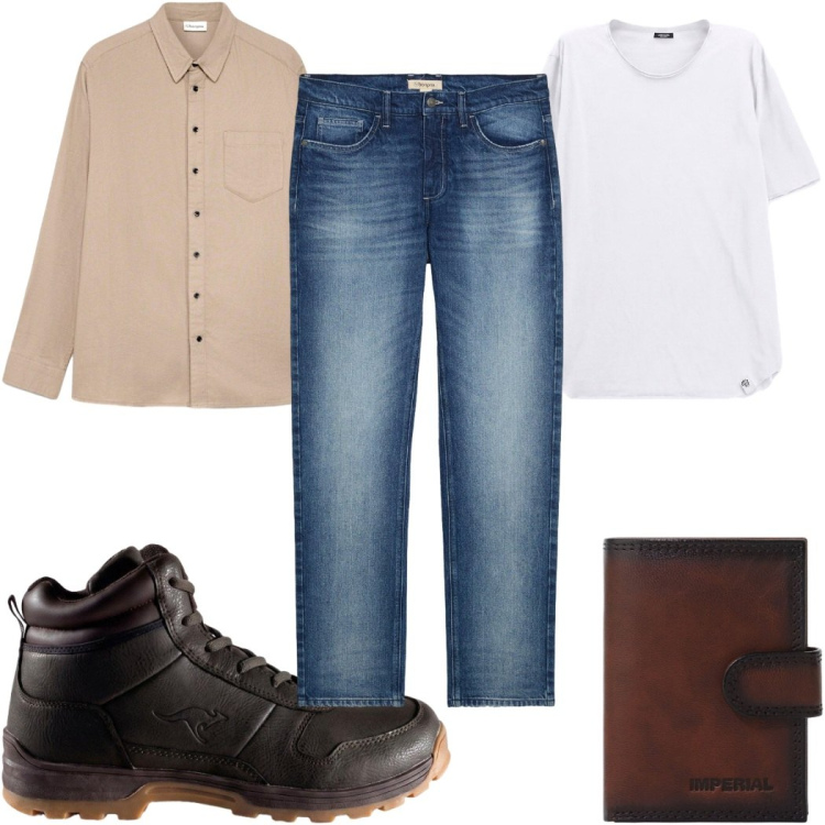 Outfit uomo - Total look #2491463. Stile Casual per Tutti i giorni. Abbinamento con jeans dritti, camicie, stivali e stivaletti, portafogli, t-shirt.