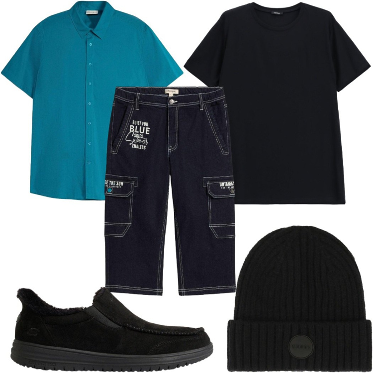 Outfit uomo - Total look #2491464. Stile Urban per Tutti i giorni. Abbinamento con jeans, camicie a manica corta, sneakers, berretti, t-shirt.