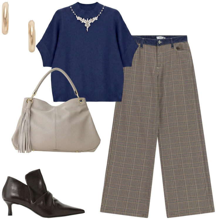 Outfit donna - Ottobre. Stile Casual chic per Tutti i giorni. Abbinamento con maglieria, stivaletti, borse a spalla, orecchini, pantaloni.