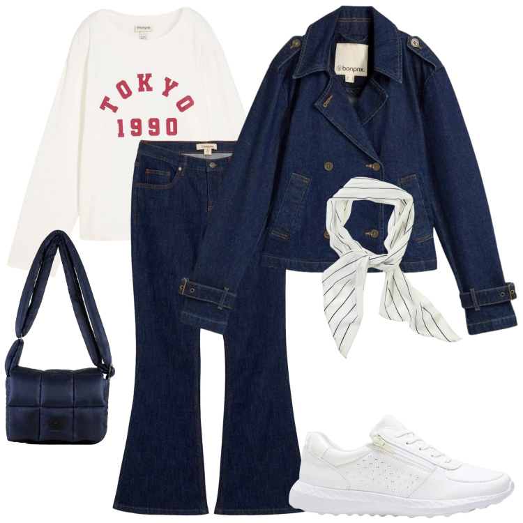 Outfit donna - Lezione all' università. Stile Casual per Scuola/Università. Abbinamento con borse a spalla, trench, jeans a zampa, maglieria, sneakers, foulard.