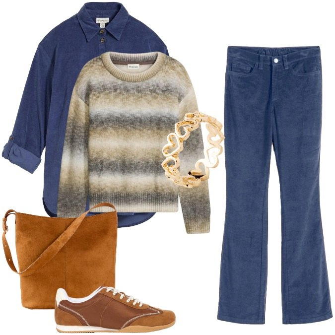 Outfit donna - Un Weekend d'Autunno: il Velluto Blu. Stile Casual per Tutti i giorni. Abbinamento con pantaloni, camicie, borse a mano, sneakers, anelli, maglieria.