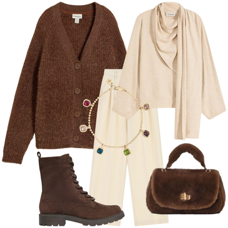 Outfit donna - Tessuti avvolgenti ad ottobre. Stile Trendy per Tutti i giorni. Abbinamento con pantaloni a palazzo, braccialetti, borse a mano, cardigans, maglieria, anfibi.