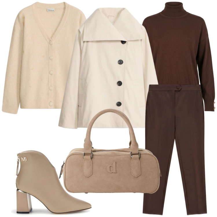 Outfit donna - Smart Layering Strategy. Stile Casual per Ufficio. Abbinamento con pantaloni, borse a mano, pullovers, trench, stivaletti, cardigans.