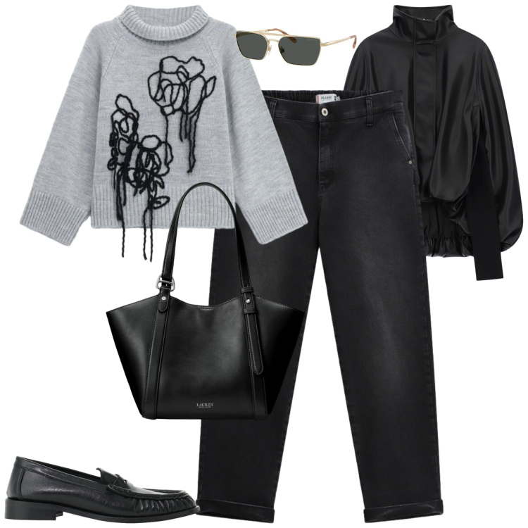 Outfit donna - Daily. Stile Casual chic per Tutti i giorni. Abbinamento con pullovers, bomber, mocassini, occhiali da sole, borse tote, jeans.