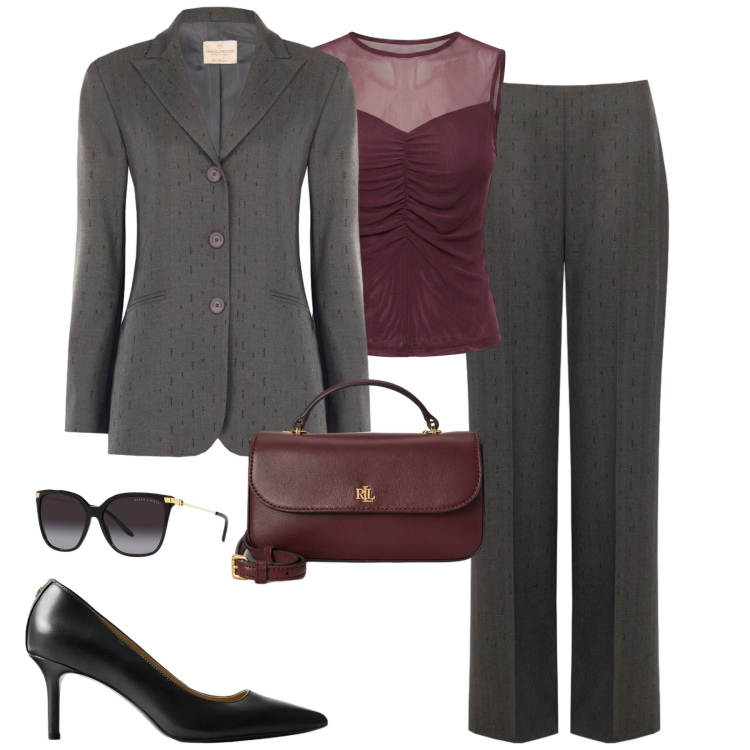 Outfit donna - Business glamour. Stile Chic per Ufficio. Abbinamento con occhiali da sole, décolleté, borse a mano, canottiere, blazer, pantaloni.