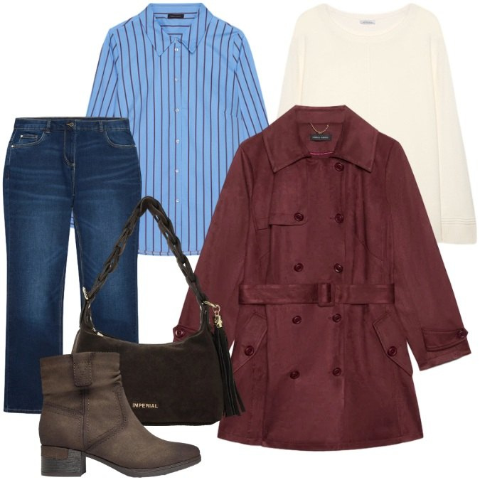 Outfit donna - Suede & Denim - Incanto Burgundy. Stile Casual chic per Ufficio. Abbinamento con borse a spalla, trench, maglieria, jeans, camicie, stivaletti.