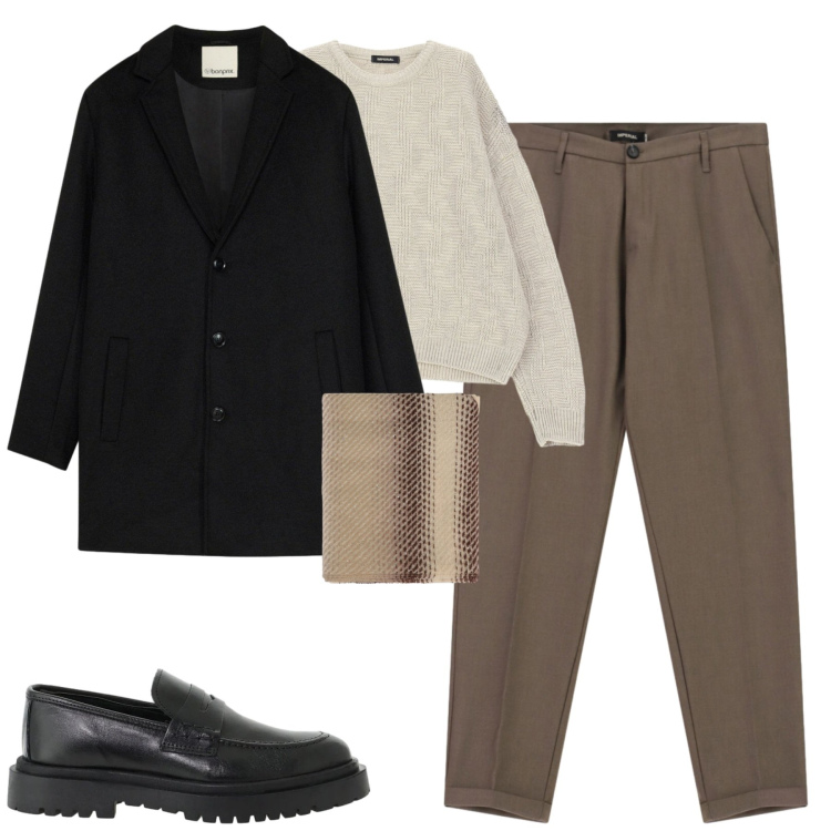 Outfit uomo - Neutri in città. Stile Urban per Tutti i giorni. Abbinamento con scarpe stringate, pantaloni, sciarpe, maglieria, cappotti.