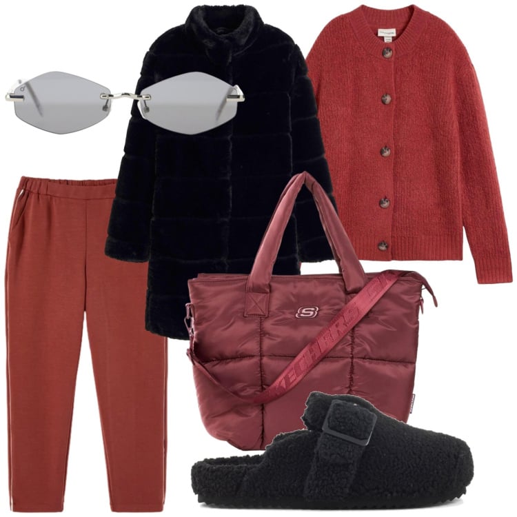 Outfit donna - Pelliccia avvolgente. Stile Chic per Tutti i giorni. Abbinamento con occhiali da sole, pantaloni, cardigans, cappotti, sabot, shopping bag.