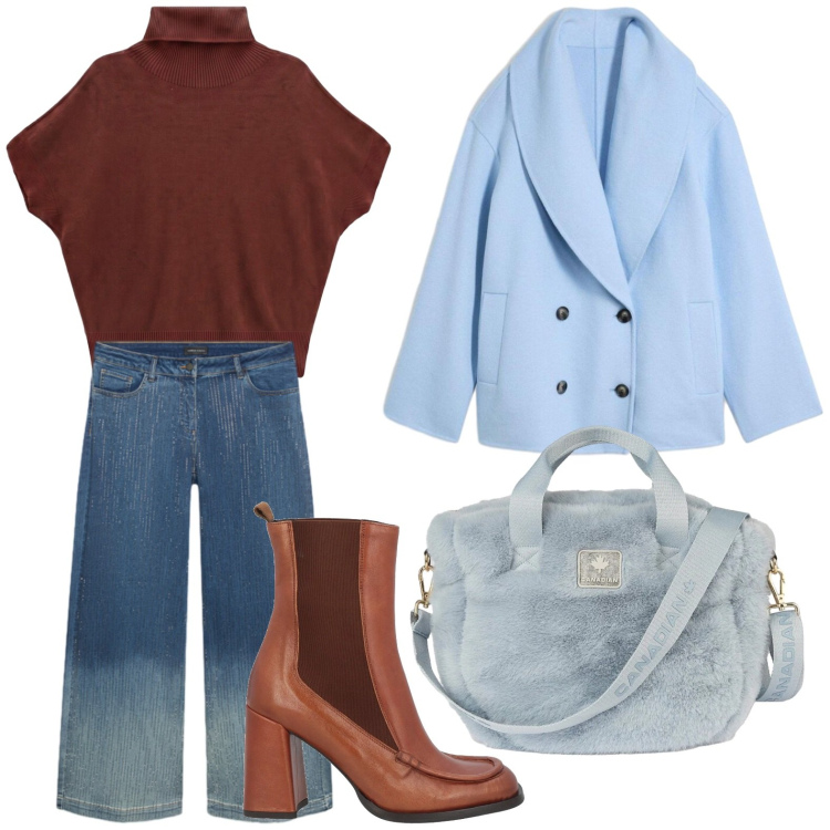 Outfit donna - Minimal style. Stile Urban per Scuola/Università. Abbinamento con pullovers, jeans, borse tote, stivaletti chelsea, caban.