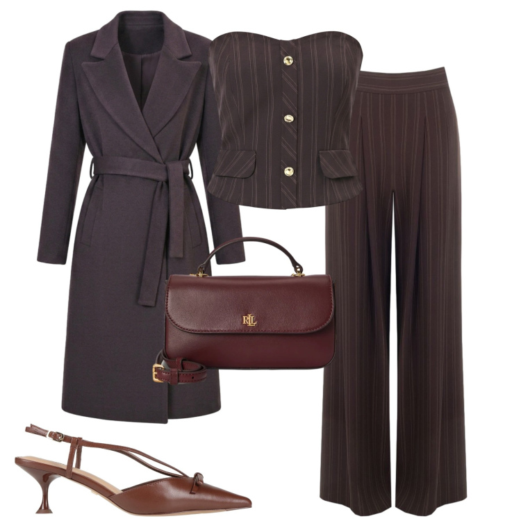 Outfit donna - Rinascimento. Stile Glamour per Tutti i giorni. Abbinamento con borse a mano, pantaloni a palazzo, top, cappotti, décolleté.