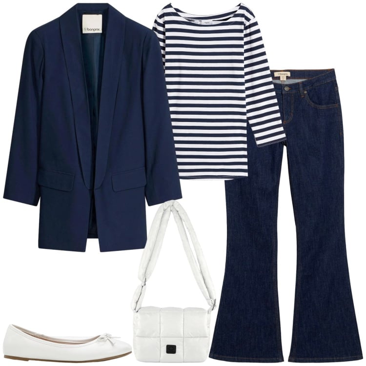 Outfit donna - Total look #2491540. Stile Casual per Tutti i giorni. Abbinamento con borse a spalla, jeans a zampa, maglieria, blazer, ballerine.