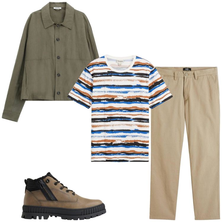 Outfit uomo - Total look #2491543. Stile Casual per Tutti i giorni. Abbinamento con t-shirt, pantaloni chino, stivali e stivaletti, cappotti.
