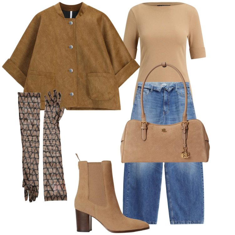 Outfit donna - Total look #2491545. Stile Trendy per Tutti i giorni. Abbinamento con blazer, borse a mano, t-shirt, stivaletti, jeans, guanti.