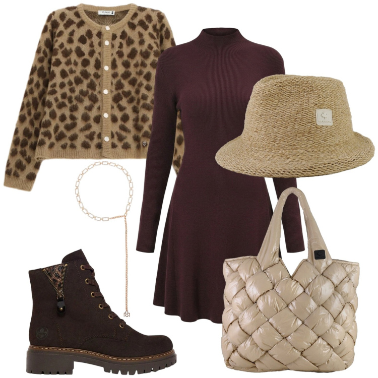 Outfit donna - Maculato easy. Stile Casual per Scuola/Università. Abbinamento con cardigans, cinture, vestiti, cappelli, borse tote, stivaletti.