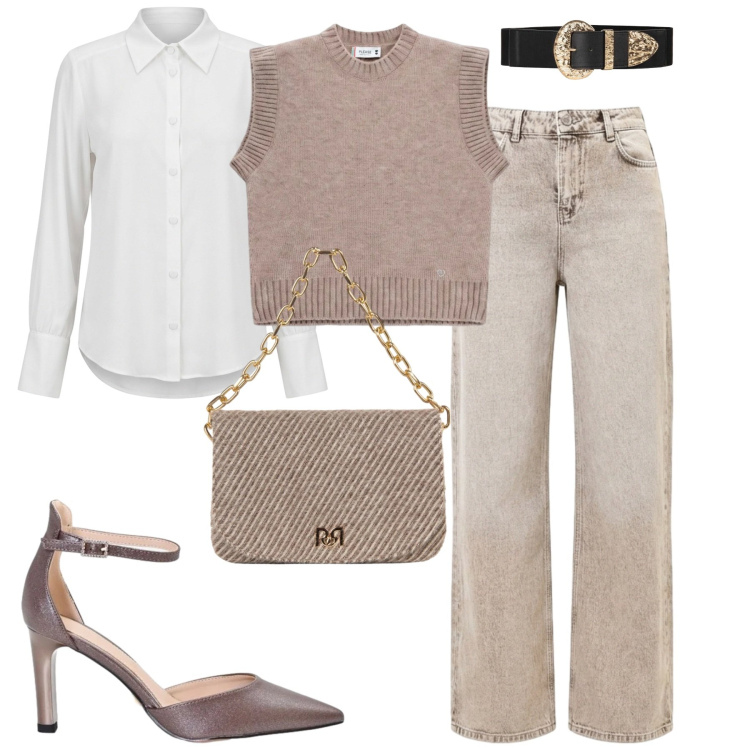 Outfit donna - Casual Friday in ufficio. Stile Casual chic per Tutti i giorni. Abbinamento con maglieria, camicie, décolleté, cinture, jeans dritti, borse a spalla.